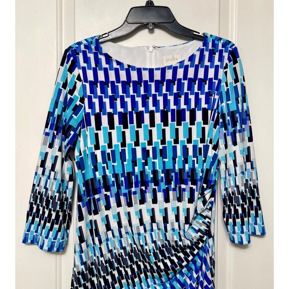 Chicos Geometric Print 3/4 Sleeves Ruching Detail Dress in Blue & Turquoise M - Picture 3 of 11